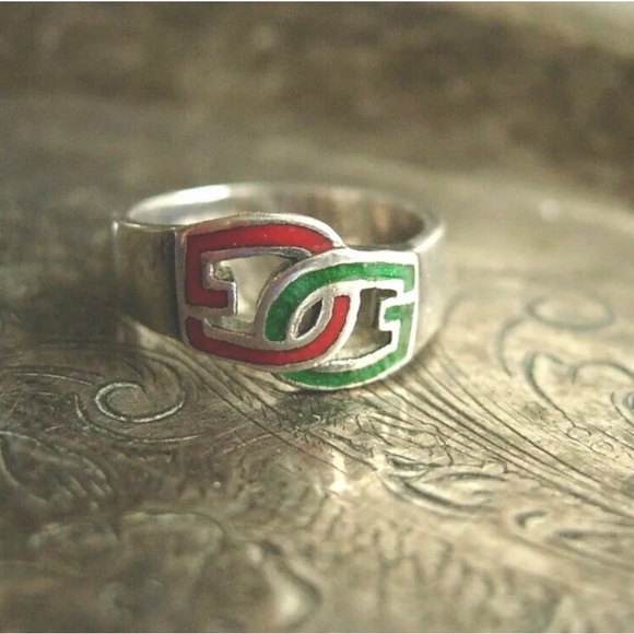 RARE Vintage GUCCI GG Red Green Logo Ring Silver 925 Enamel Couture Jewelry  ❤️ - Picture 8 of 8